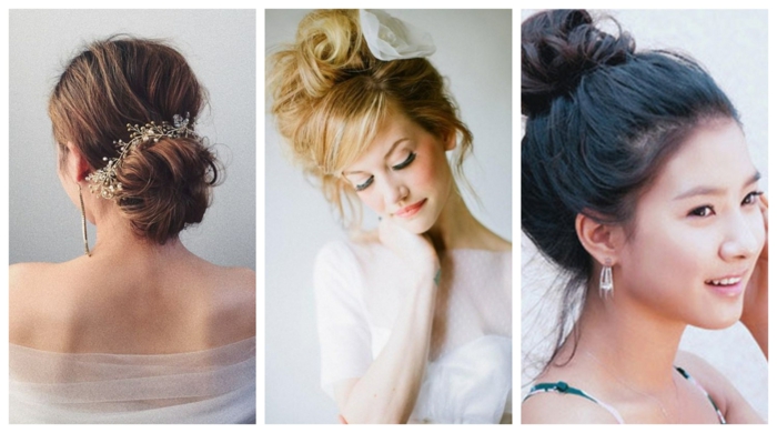 drei Beispiele für lockeren Dutt, Frisuren für Hochzeitsgäste mit Haarschmuck