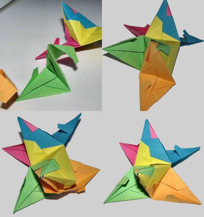 ein weißer tisch und origami formen aus orangen, blauen, violetten und gelben papierblättern, eine bascetta stern anleitung