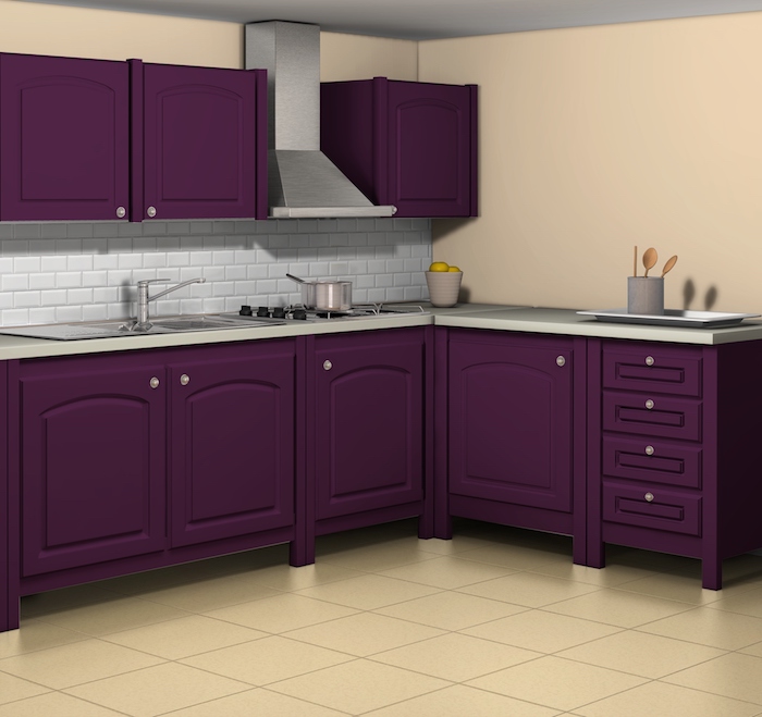 ein boden aus gelben fliesen, eine küche mit vielen großen violetten küchenschränken und einem waschbecken, wohnzimmer modern