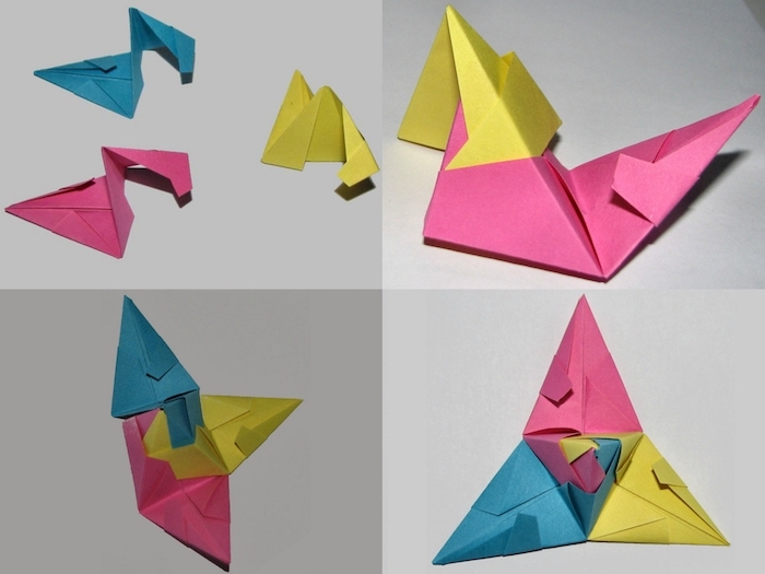 gelbe, blaue und pinke origami formen aus papier, origami falten, eine schritt für schritt diy bascetta stern anleitung