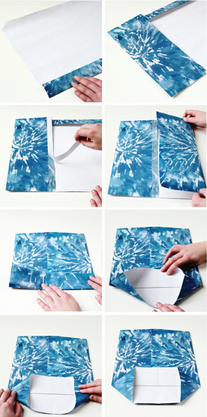Schritt für Schritt Faltanleitung von blauen Papier mit abstrakten Motiven, Geschenktüten basteln