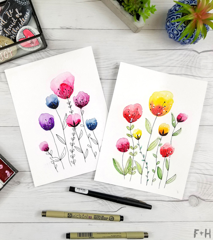 Selbstgemachte Glückwunschkarten, Blumen selber zeichnen, DIY Idee zum Nachmachen