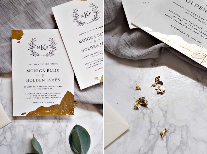 hochzeitseinladungen selber basteln, einladungskarten dekoriert mit gold leaf, diy anleitung
