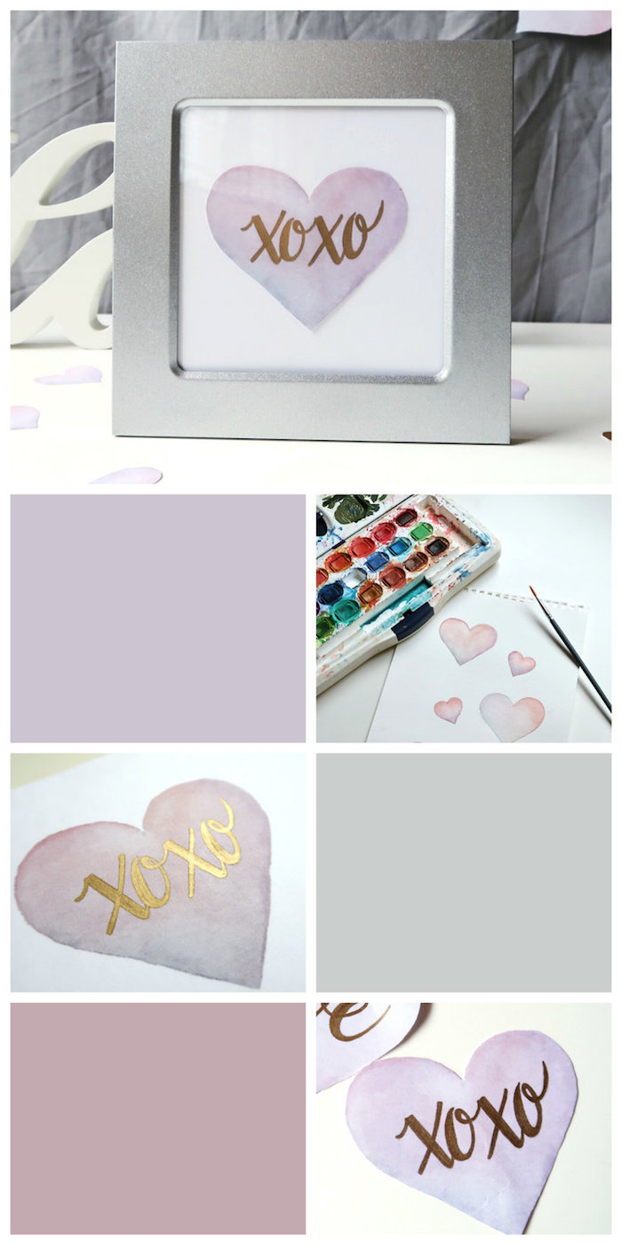 Herz mit Wasserfarbe zeichnen, in Rahmen stecken, DIY Idee für kleines Hochzeitsgeschenk