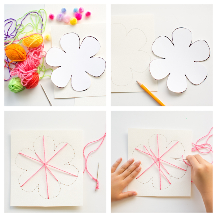 Karten selber basteln, DIY Idee für Kinder, Blume aus Garn, Anleitung in vier Schritten