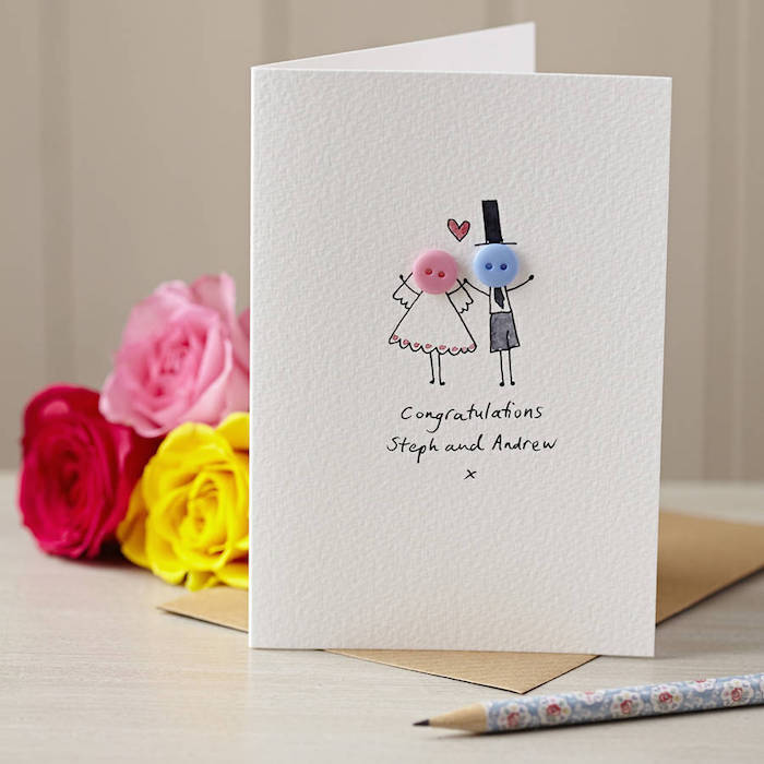 DIY Idee für Hochzeitskarte, Köpfe aus Knöpfen, personalisierte Karte selber basteln