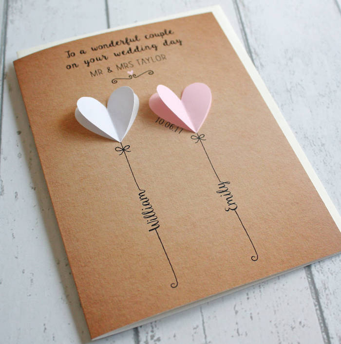 Selbstgemachte 3D Hochzeitskarte, weißes und rosa Herz, personalisierte Karte 