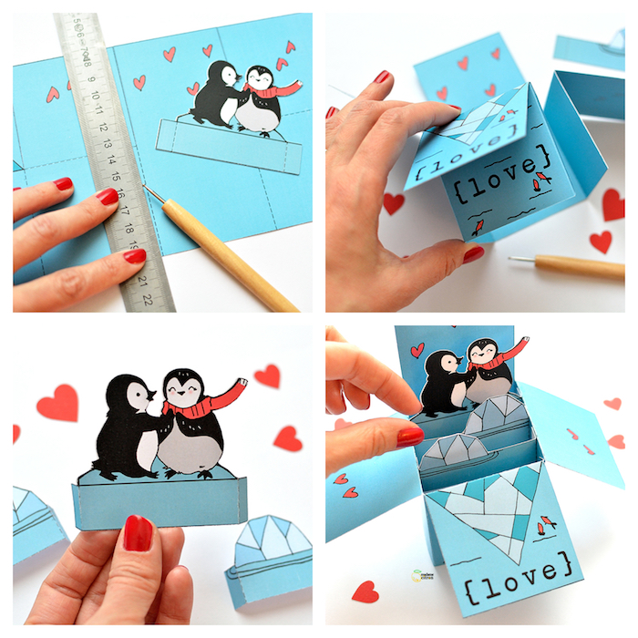 Pop Up Karte selber basteln, zwei verliebte Pingiune, DIY Idee für kreative Hochzeitskarte