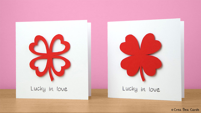 Hochzeitskarte mit vierblättrigem Kleeblatt selbst gestalten, Applikationen aus rotem Papier 