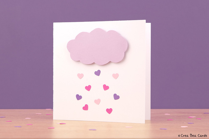 3D Karte selber basteln, lila Wolke, Regen aus kleinen Herzen, Idee für Hochzeitskarte