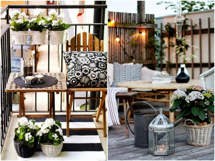 sitzecke balkon, zwei schöne ideen mit vielen blumen, großartiger stil zu hause, kissen, schwarz weiß, beleuchtung deko ideen