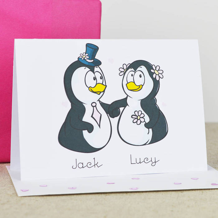Lustige Idee für kreative Hochzeitskarte, zwei verliebte Pinguine, Namen der Braut und des Bräutigams