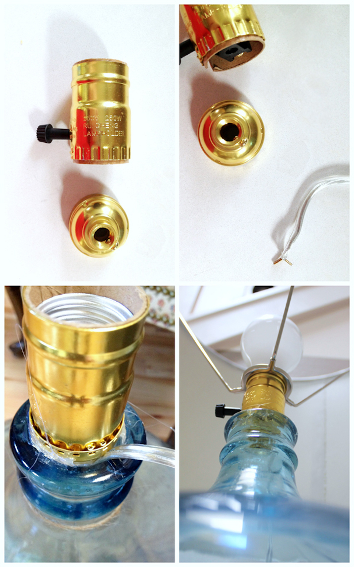 lampe selber bauen, blaue glasflasche, mechanismus, weiße glühbirne, kabel