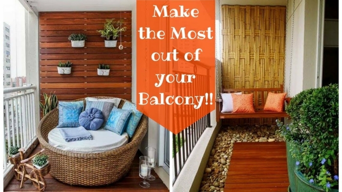 schmalen balkon gestalten, ideen zum nachmachen, zwei designs, orangen farbe mit steine und holz auf dem boden oder rießengroßes sessel