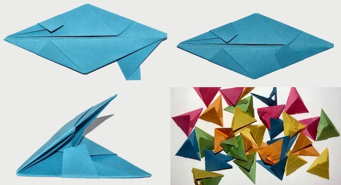ein gefaltetes blaues blatt papier, origami falten, eine diy schritt für schritt bascetta stern anleitung, viele kleine grüne, orange, blaue und violette blätter