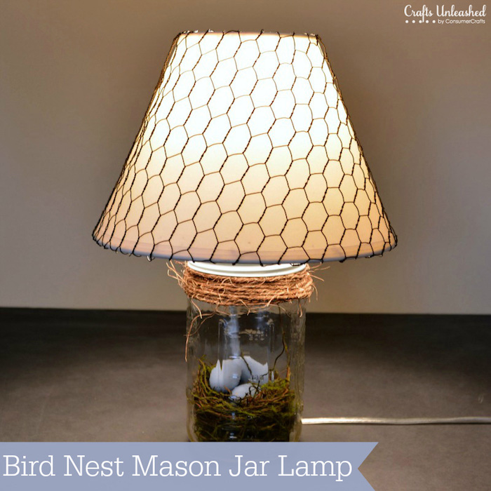 diy lampe, aus einmachglas, nest, drei eier, papier lampenschirm, upcycling ideen, draht