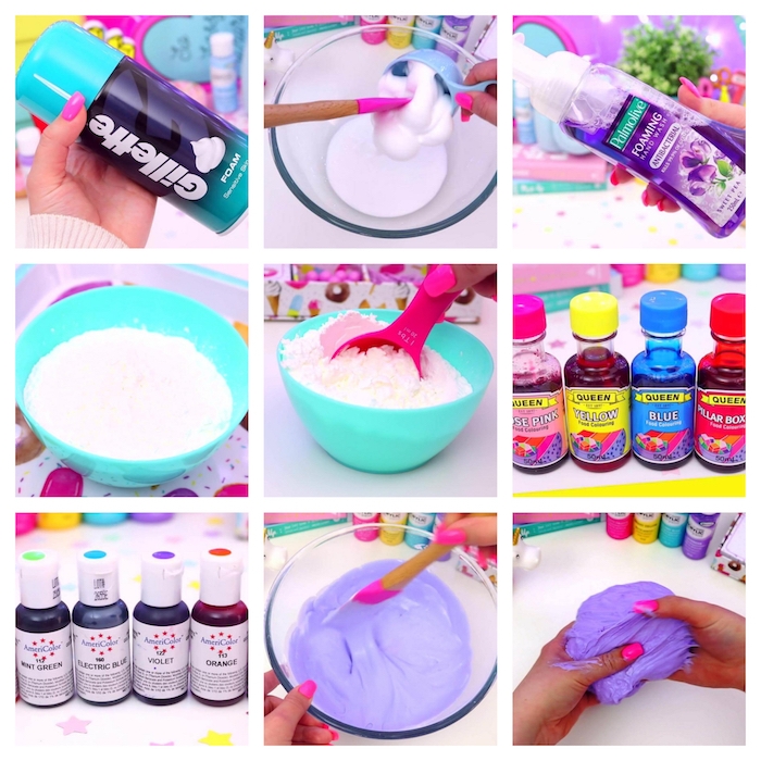 Rezept für Schleim, DIY Anleitung in neun Schritten, alle Zutaten vermischen, lila Farbe