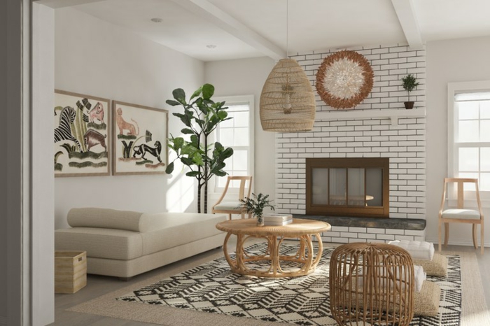 ein Kamin mit weißer Backstein Optik, ein Sofa, Landhaus Stil, Einrichtungsideen Wohnzimmer