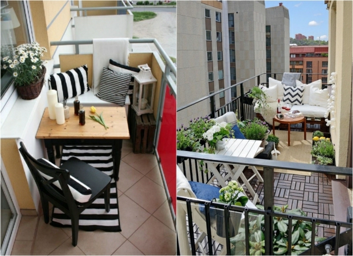 kleine terrasse gestalten, ideen zum nachmachen zwei fotos auf einmal, moderne möblierung mit kissen, deko und blumen