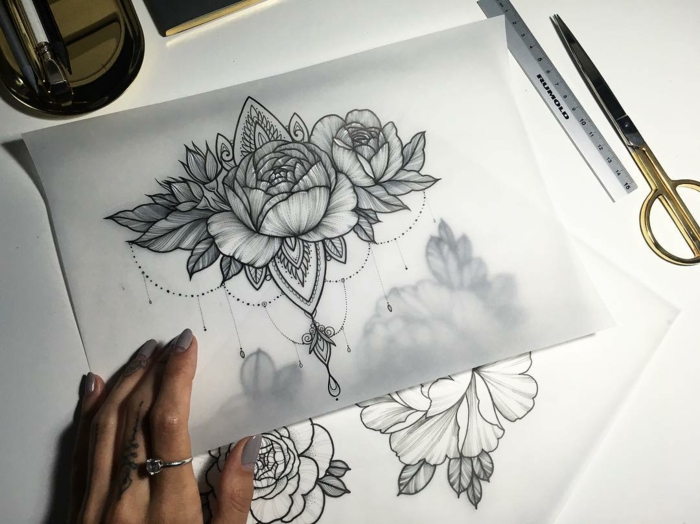 tattoo orchidee, rose, pfingstrose, gänseblume, blumen tattoos ideen zeichnen, mandala tattoo motive