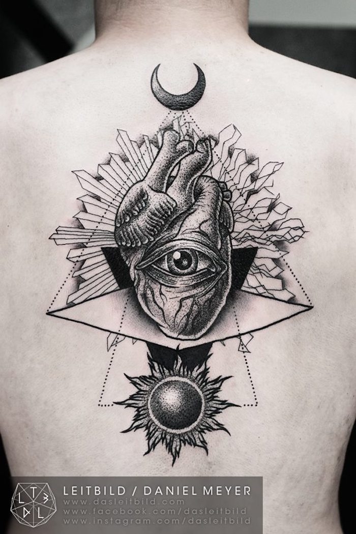 Schwarzes Rücken Tattoo, Herz und Auge der Vorsehung, Tattoo Ideen