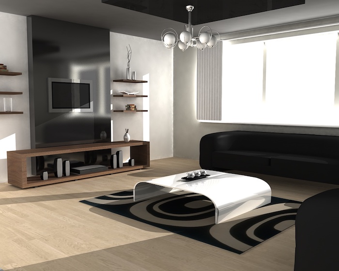 wohnzimmer ideen, boden aus holz, parkett, designer möbel in schwarz und weiß, silberner kronleuchter