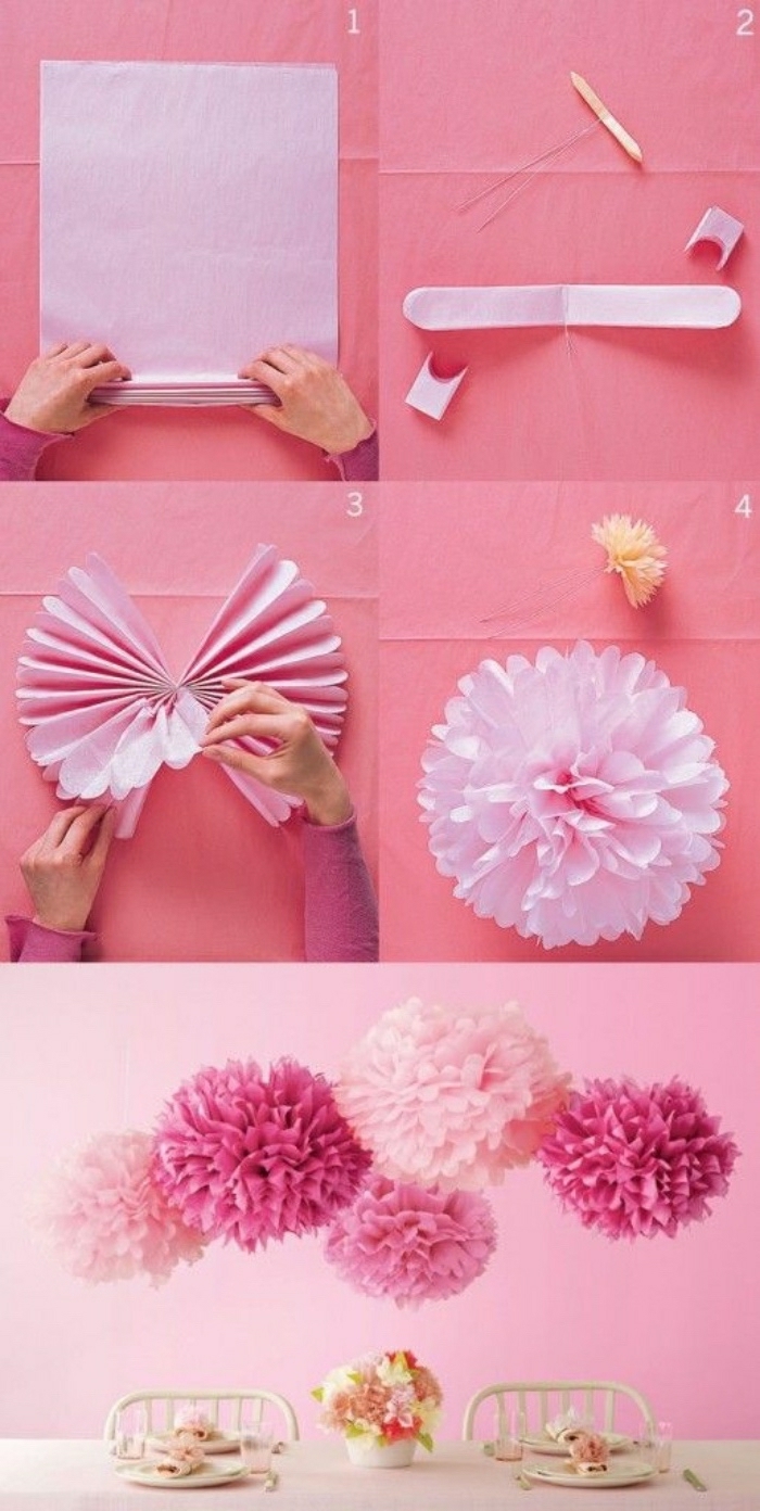 basteln für kinder, pinke deko ideen aus papier blumen und dekorationen selber machen, deko ideen