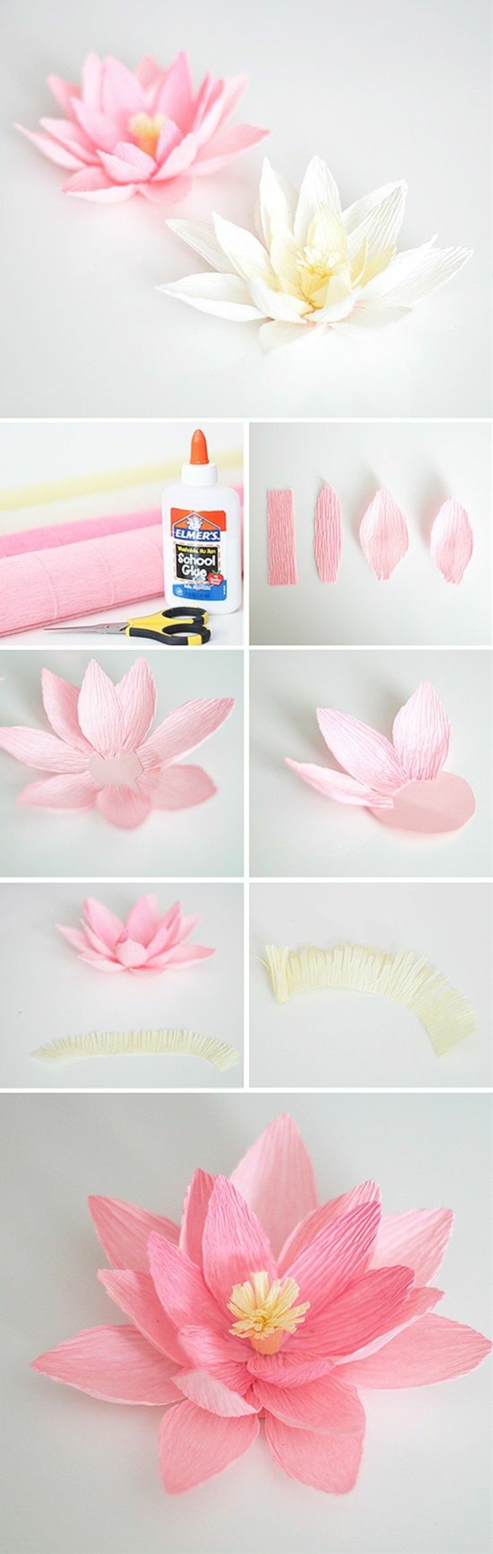 basteln für kinder, wasserlilien aus papier und kleber gestalten pink und weiß