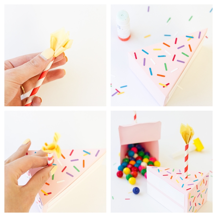 Coole Idee für DIY Geburtstagsgeschenk, Schachtel in Form von Tortenstück mit Kerze