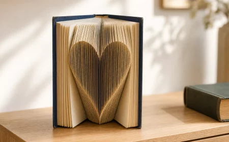 Bücher falten: aufgestelltes Hardcover mit Herz-Motiv im Buchschnitt