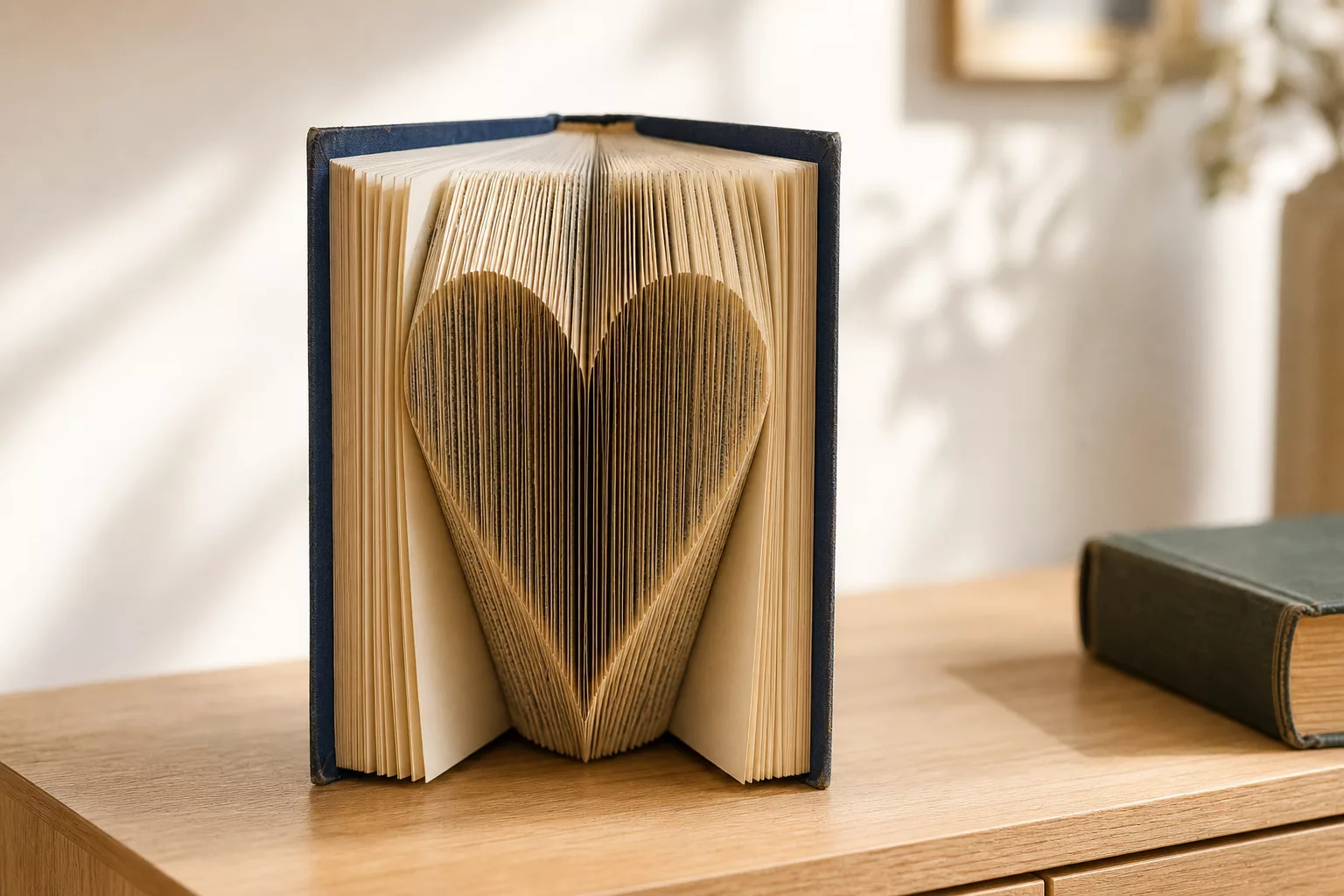 Bücher falten: aufgestelltes Hardcover mit Herz-Motiv im Buchschnitt