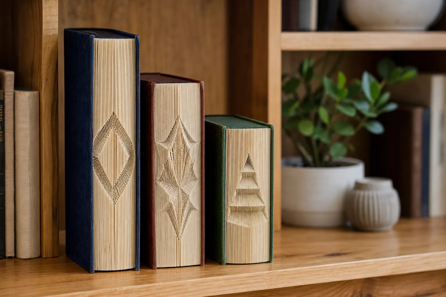 Drei gefaltete Bücher unterschiedlicher Höhe in einem Regal
