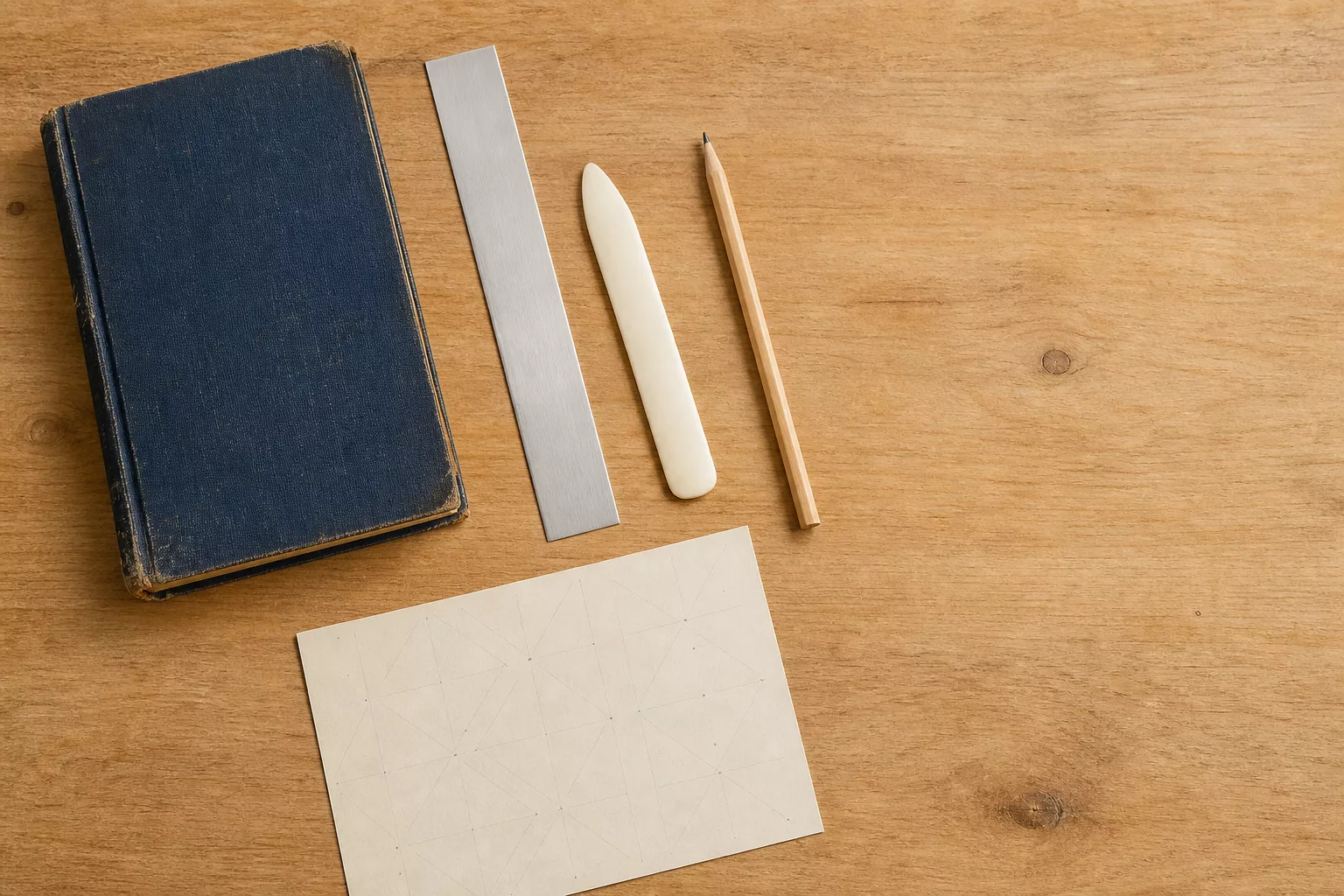 Werkzeug zum Bücher falten: Lineal, Falzbein, Bleistift und Vorlage