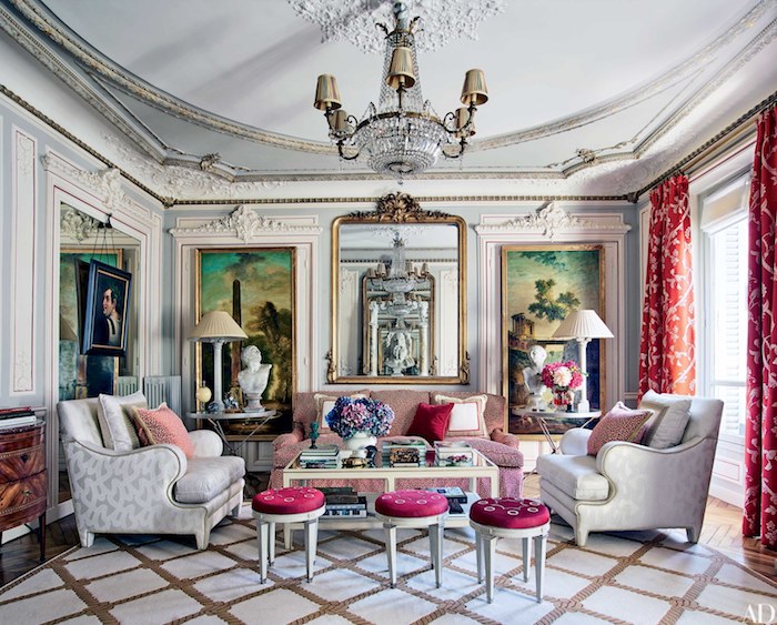 deko für wohnzimmer, einrichtung im retro stil, designer möbel, rosa farbaktzente, zwei große bilder als wanddeko