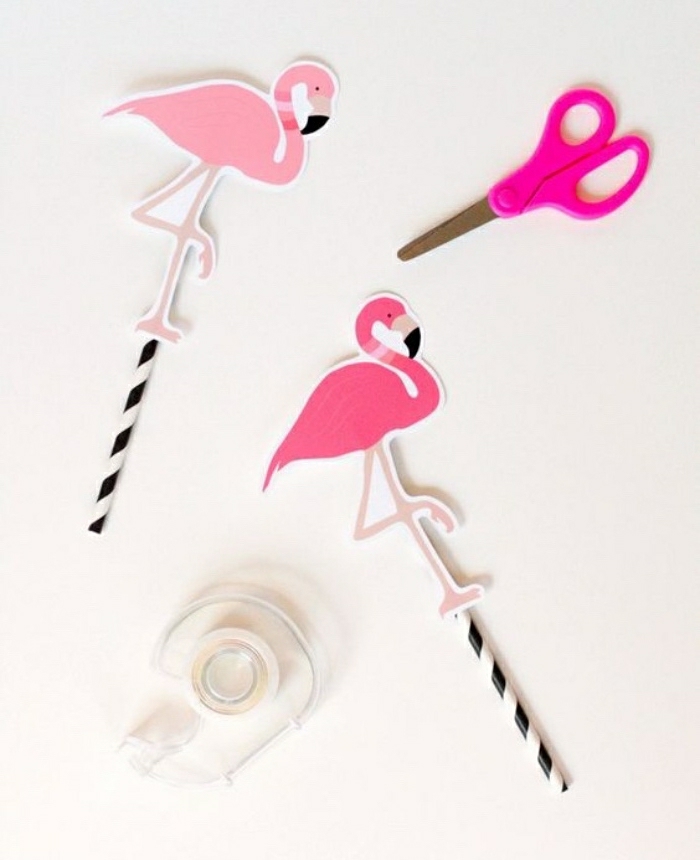 diy bastelideen mit strohhalmen, flamingo idee zum nachmachen, alles pink, sogar die schere