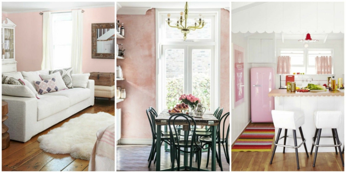 Altrosa Wandfarbe im Wohnzimmer und im Esszimmer, Laminat Boden, weiße Gardinen