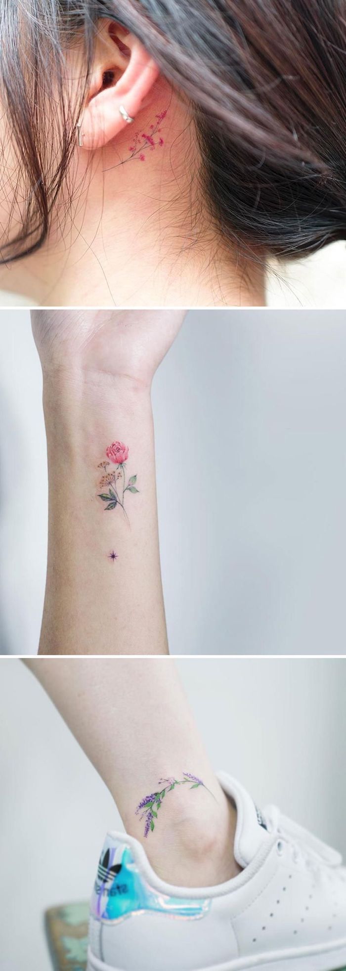 tattoo hinterm ohr mit einer kleinen violetten blume, ein bein mit einem weißen schuh, eine hand mit einem kleinen tattoo mit einer roten rose und grünen blätern
