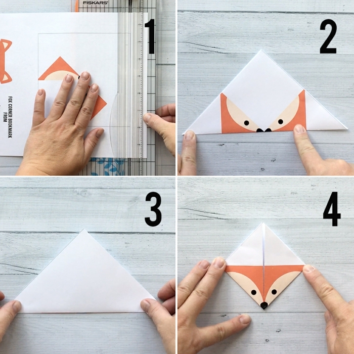 eine Anleitung, wie das Fuchsgesicht zu falten, erste vier Schritten zum Lesezeichen gestalten