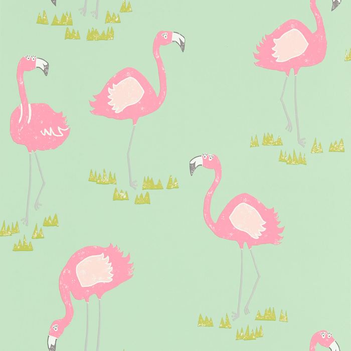 eine grüne flamingo tapete mit vielen kleinen pinken flamingos mit pinken fügeln und pinken federn, einrichtungsideen kinderzimmer