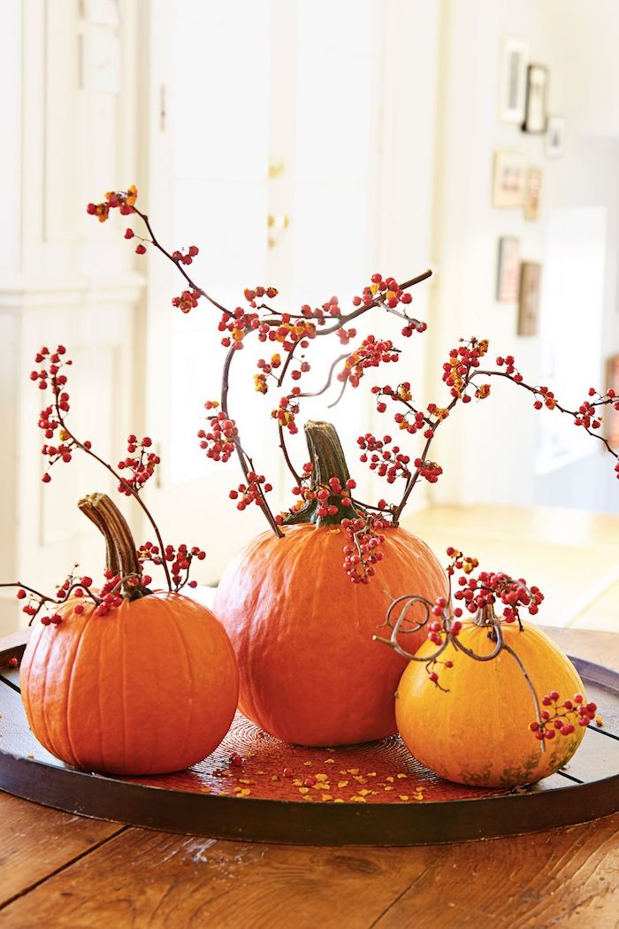 halloween deko mit ästen aus illex mit roten früchten und kleinen und großen orangen und gelben kürbissen, ein tisch aus holz, 