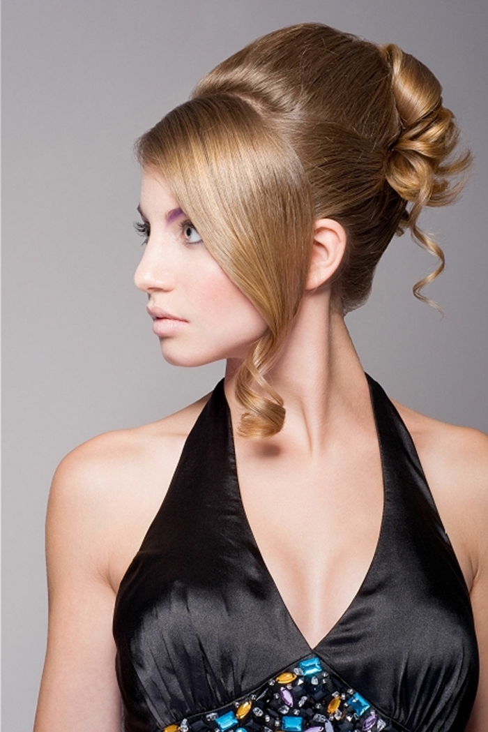 simple updos for long hair, curly bangs and a black dress
