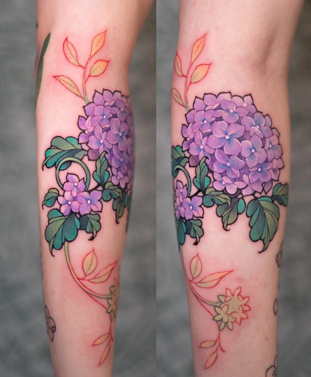 hortensien tattoos unterarm lila rote blätter