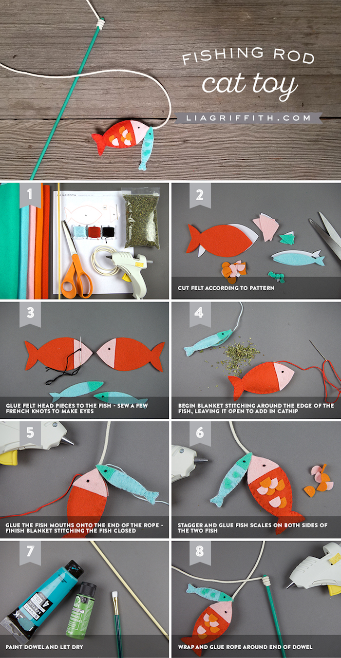 katzenspielzeug diy, fische angeln, anger aus holzstäbchen und seil, orangenfarbener fisch