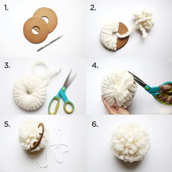 die allgemeine sechs Schritte, wie Sie Pompons basteln, ein weißes Pompon herstellen