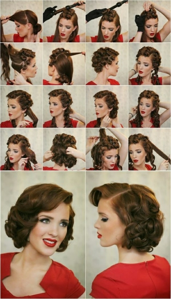 Rockabilly Frisur, rotes Kleid, schwarte Haare, Schritt für Schritt Anleitung für schöne Frisuren für lange Haare