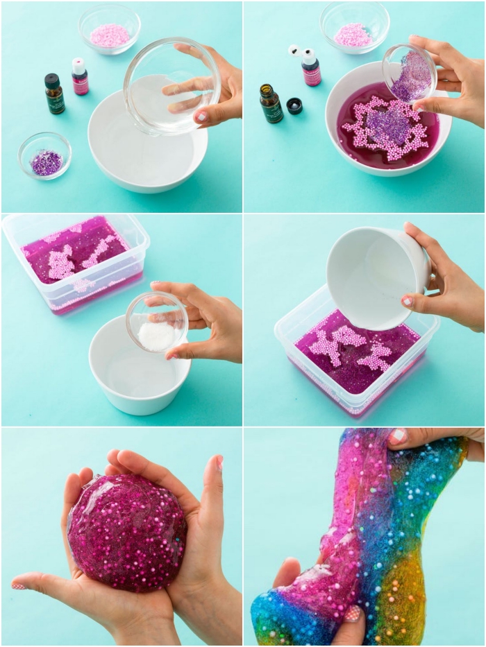 schleim selber machen eine weitere idee, deko glitterschleim, schleimrezepte, lila und pink