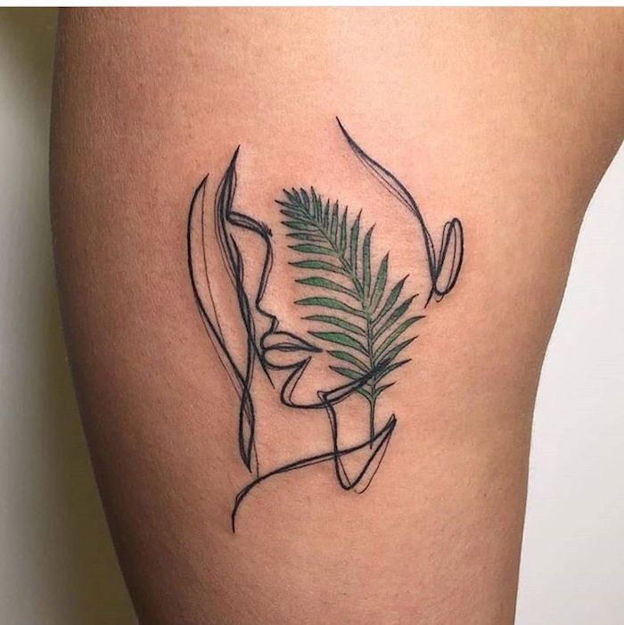 eine tätowierung mit einer frau und mit grünen blättern, ein bein einer frau mit einem tattoo, tattoos frauen ideen 