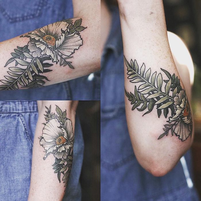 frauen tätowierungen ideen, eine hand mit einem großen watercolor tattoo mit grünen blättern und großen weißen blumen