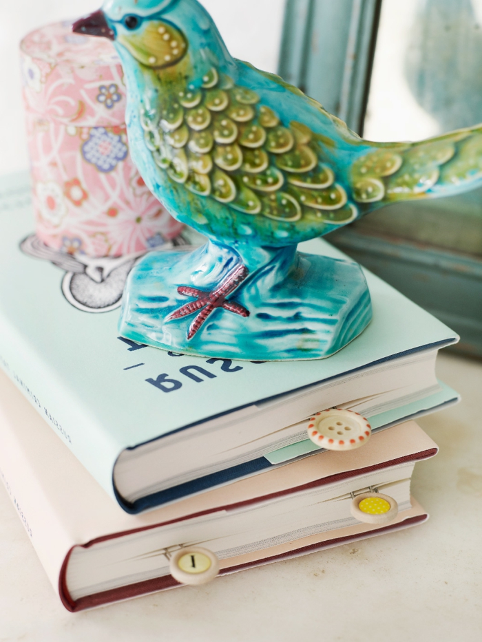 Knöpfe als Lesezeichen, DIY Lesezeichen in zwei Bücher in blauer und rosa Farbe