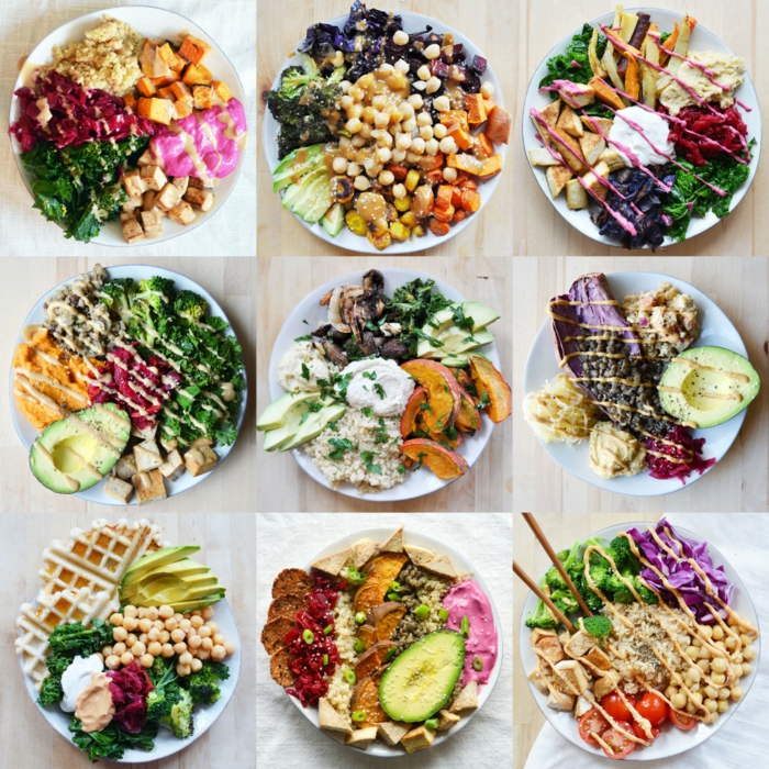 gesundes essen in neun bildern mit salaten vorstellen, salatteller, kichererbsen, avocado, brokkoli